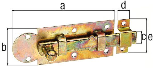 Fensterriegel,mit Knopf, gerade, mit Schlaufe, gelb verzinkt, Platte LxB120x34mm Fensterriegel,mit Knopf, gerade, mit Schlaufe, gelb verzinkt, Platte LxB120x34mm