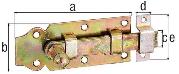 Alberts Türriegel, mit Knopf, gerade, mit Schlaufe, gelb verzinkt, Platte LxB140x52mm Produktbild Alberts Türriegel, mit Knopf, gerade, mit Schlaufe, gelb verzinkt, Platte LxB140x52mm