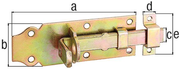 Alberts Schlossriegel m.flachem Griff gekröpft m.Schließblech gelb vz Platte LxB160x56mm Alberts Schlossriegel m.flachem Griff gekröpft m.Schließblech gelb vz Platte LxB160x56mm