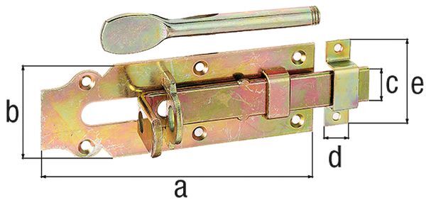 Produktbild Alberts Stalltür-Schlossriegel m.flachem Griff m.Schlaufe gelb vz Platte LxB 160x56mm bild 2