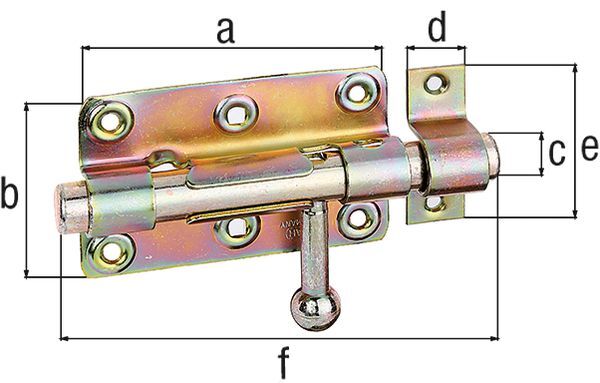 Alberts Bolzen-Schlossriegel,m.befest.Schlaufe,gelb vz,Platte LxB 99x60 mm Ges.-L140mm Alberts Bolzen-Schlossriegel,m.befest.Schlaufe,gelb vz,Platte LxB 99x60 mm Ges.-L140mm