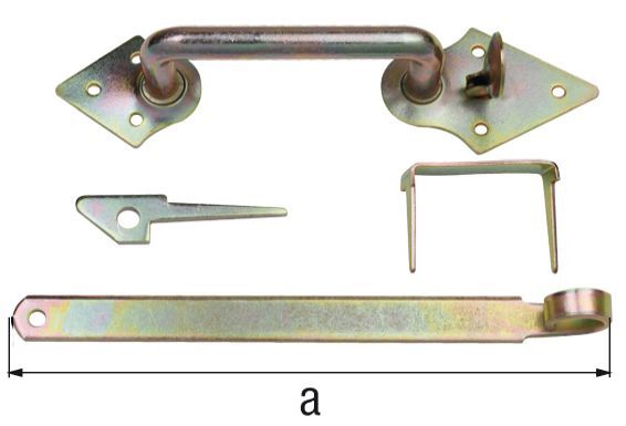 Alberts Klinken-Set f. Flechtzaun-u.leichte Holztore, galv. gelb verzinkt, L 260 mm Alberts Klinken-Set f. Flechtzaun-u.leichte Holztore, galv. gelb verzinkt, L 260 mm
