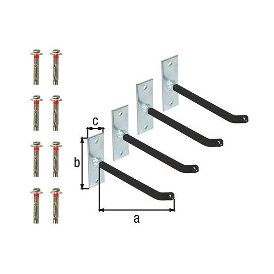 Alberts Felgenhalter-Set, 4 Stahlhaken auf Platte, 8 Schrauben und Dübel, verzinkt Produktbild Alberts Felgenhalter-Set, 4 Stahlhaken auf Platte, 8 Schrauben und Dübel, verzinkt