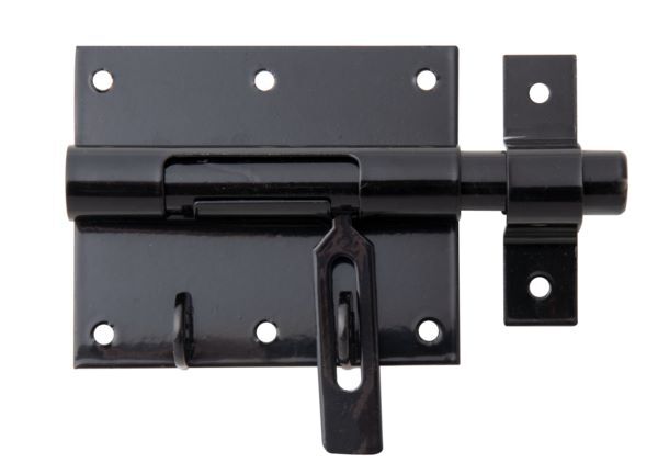 Alberts Bolzen Schlossriegel mit Schlaufe schwarz Platte 95x79mm Länge 135mm Produktbild Alberts Bolzen Schlossriegel mit Schlaufe schwarz Platte 95x79mm Länge 135mm