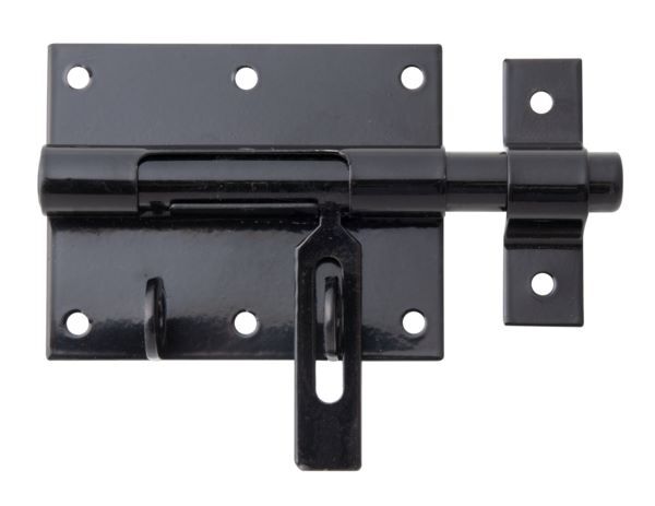 Alberts Bolzen Schlossriegel mit Schlaufe schwarz Platte 90x73mm Länge 130mm Produktbild Alberts Bolzen Schlossriegel mit Schlaufe schwarz Platte 90x73mm Länge 130mm
