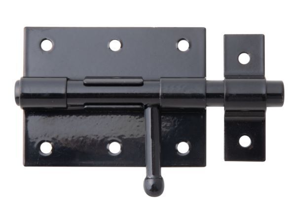 Alberts Bolzenriegel mit befestigter Schlaufe schwarz Platte 80x63mm Länge 116mm Produktbild Alberts Bolzenriegel mit befestigter Schlaufe schwarz Platte 80x63mm Länge 116mm