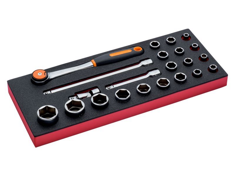 Produktbild Bahco Fit&Go 1/3 Einlage mit 1/2 Zoll Steckschlüssel Einsätzen und Knarren 22 Teile