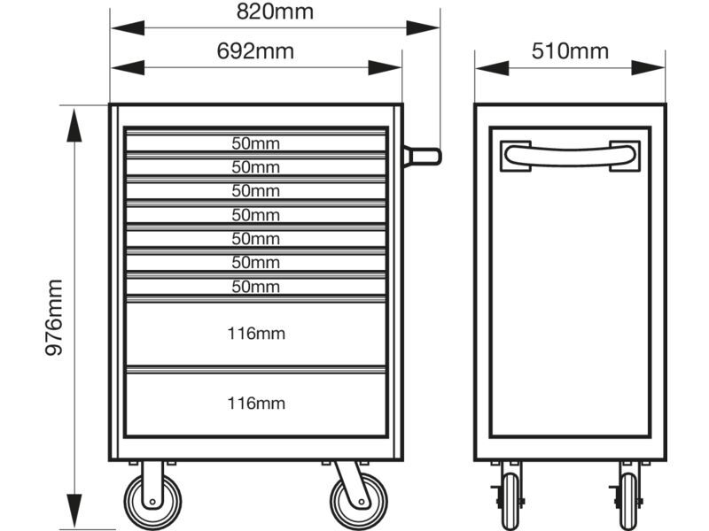 Produktbild 26"-E77-Premium Werkstattwagen mit 9 Schubladen, grau, 693 mm × 510 mm × 965 mm bild 3