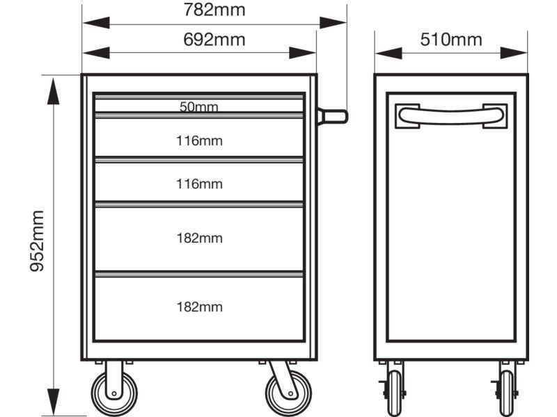 Produktbild Bahco E72 Werkzeugwagen mit 5 Schubladen, 26", grau, 693 mm x 510 mm x 955 mm bild 2