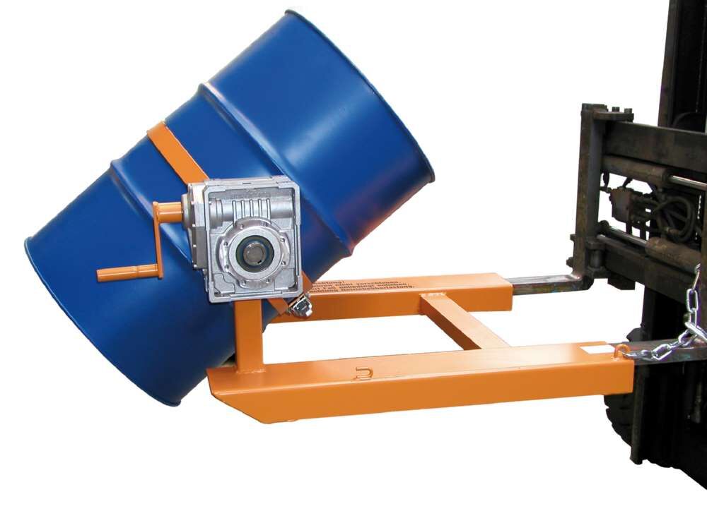 Bauer Fasskipper FD-HK lackiert gelborange Kippvorgang mit Handkurbel Produktbild Bauer Fasskipper FD-HK lackiert gelborange Kippvorgang mit Handkurbel