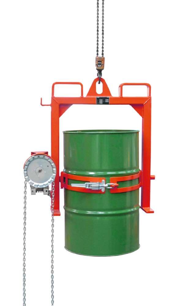 Bauer Fasskipper FD-SK Kippvorgang mit Endloskette lackiert feuerrot Produktbild Bauer Fasskipper FD-SK Kippvorgang mit Endloskette lackiert feuerrot