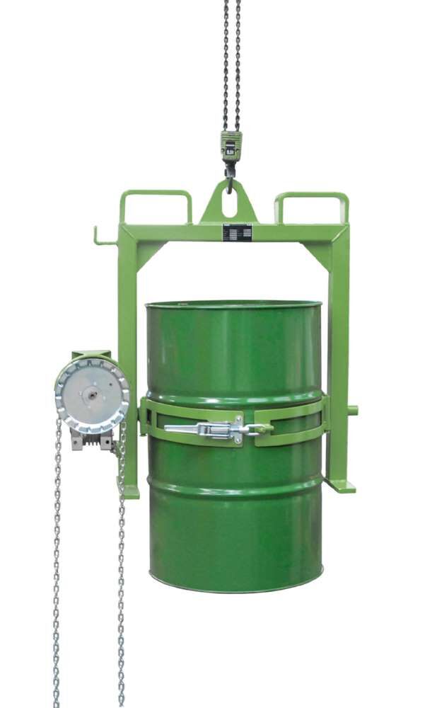 Bauer Fasskipper FD-SK Kippvorgang mit Endloskette lackiert resedagrün Produktbild Bauer Fasskipper FD-SK Kippvorgang mit Endloskette lackiert resedagrün