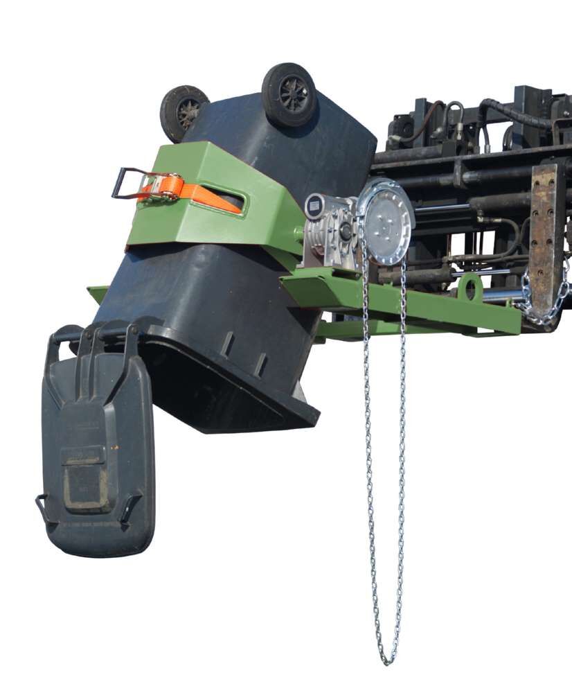Bauer Fasskipper FLEX-K Kippvorgang mit Endloskette lackiert resedagrün Produktbild Bauer Fasskipper FLEX-K Kippvorgang mit Endloskette lackiert resedagrün