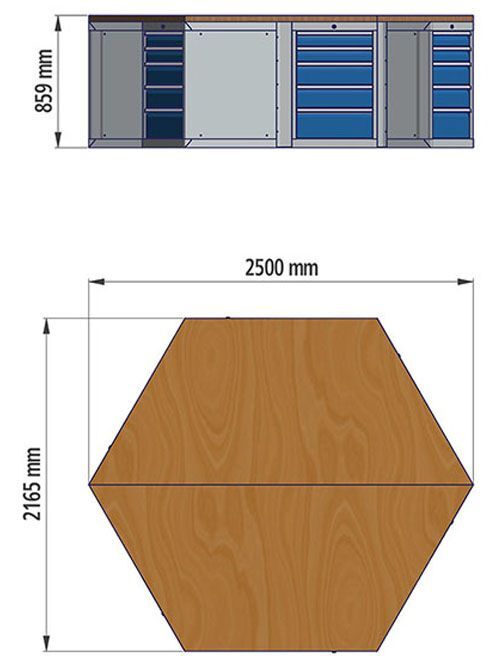Bedrunka+Hirth 6 Eck Werkbank Breite 2500mm 6 x Schubladenschrank mit Vollauszug