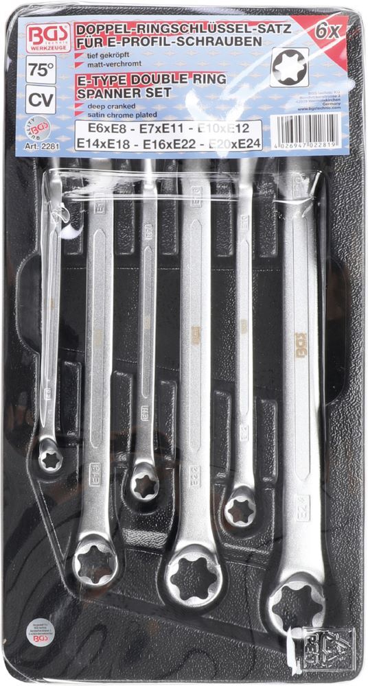 BGS Doppel Ringschlüssel Satz E6 - E24 6 teilig mit E-Profil-Ringköpfen gekröpft