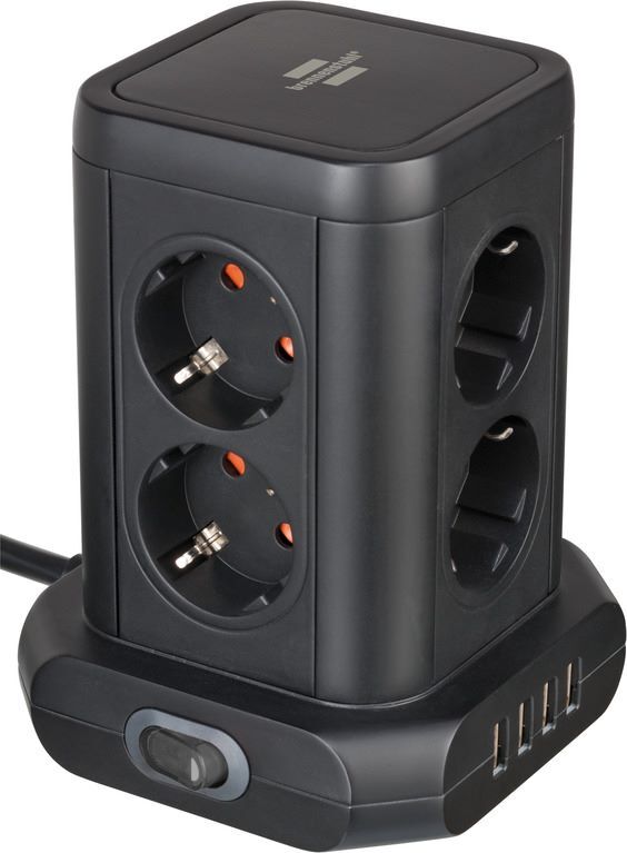 Brennenstuhl Steckdosenturm 8-fach 4x USB in 45 Grad-Anordnung 2 m Kabel schwarz Produktbild Brennenstuhl Steckdosenturm 8-fach 4x USB in 45 Grad-Anordnung 2 m Kabel schwarz