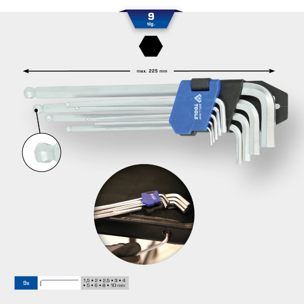 Produktbild Winkelstiftschlüssel-Satz, 9-tlg, Innensechskant-Profil, lang bild 2