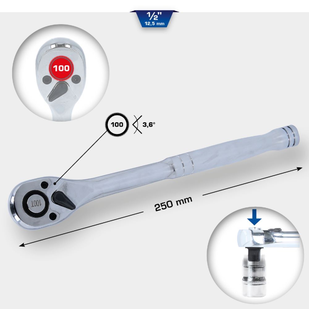 Produktbild 1/2" Umschaltknarre mit Metallgriff, 100 Zahn bild 2
