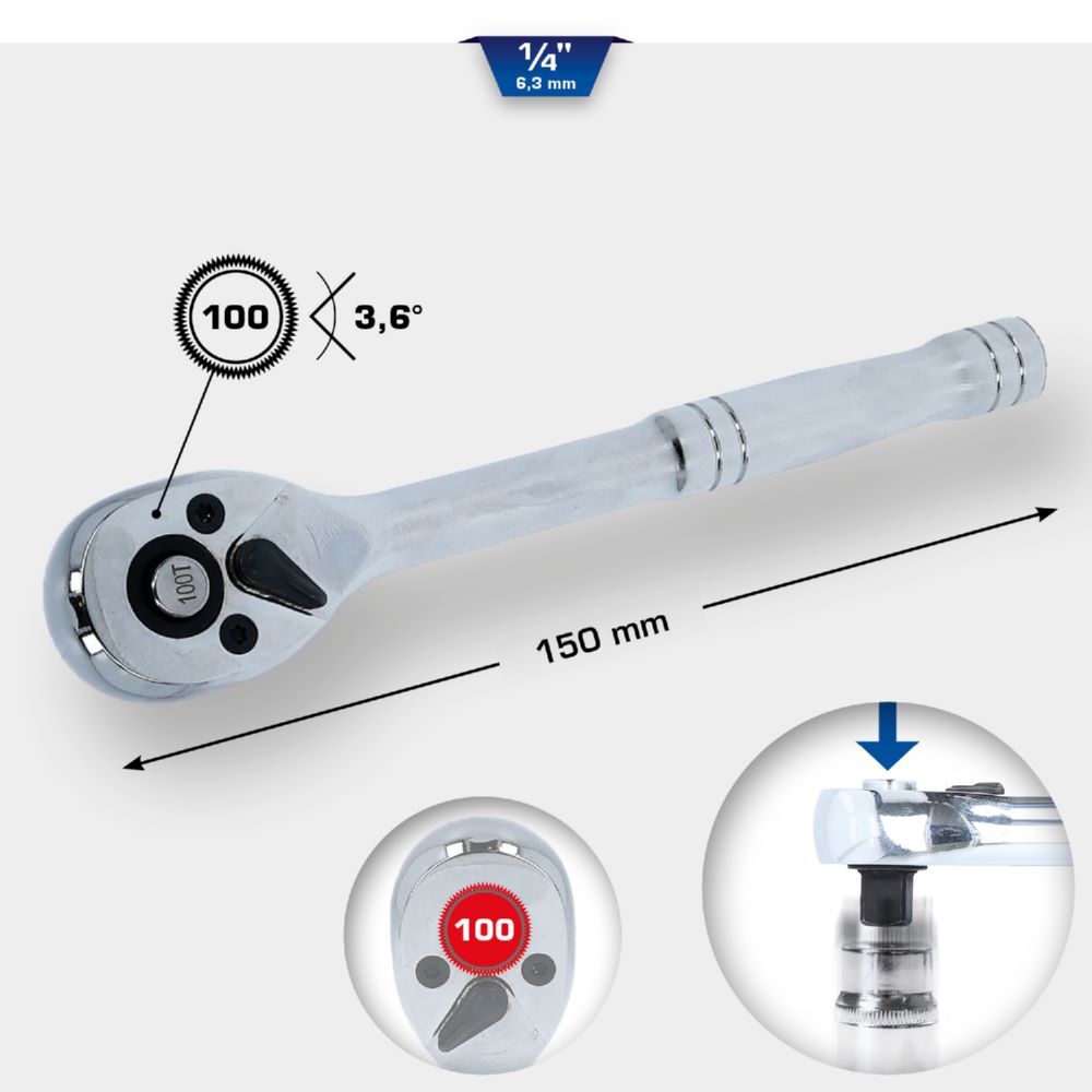 Produktbild 1/4" Umschaltknarre mit Metallgriff, 100 Zahn bild 2