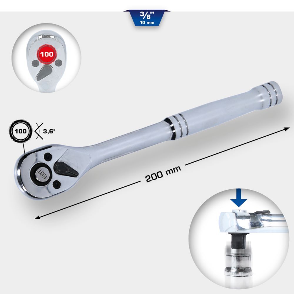 Produktbild 3/8" Umschaltknarre mit Metallgriff, 100 Zahn bild 2