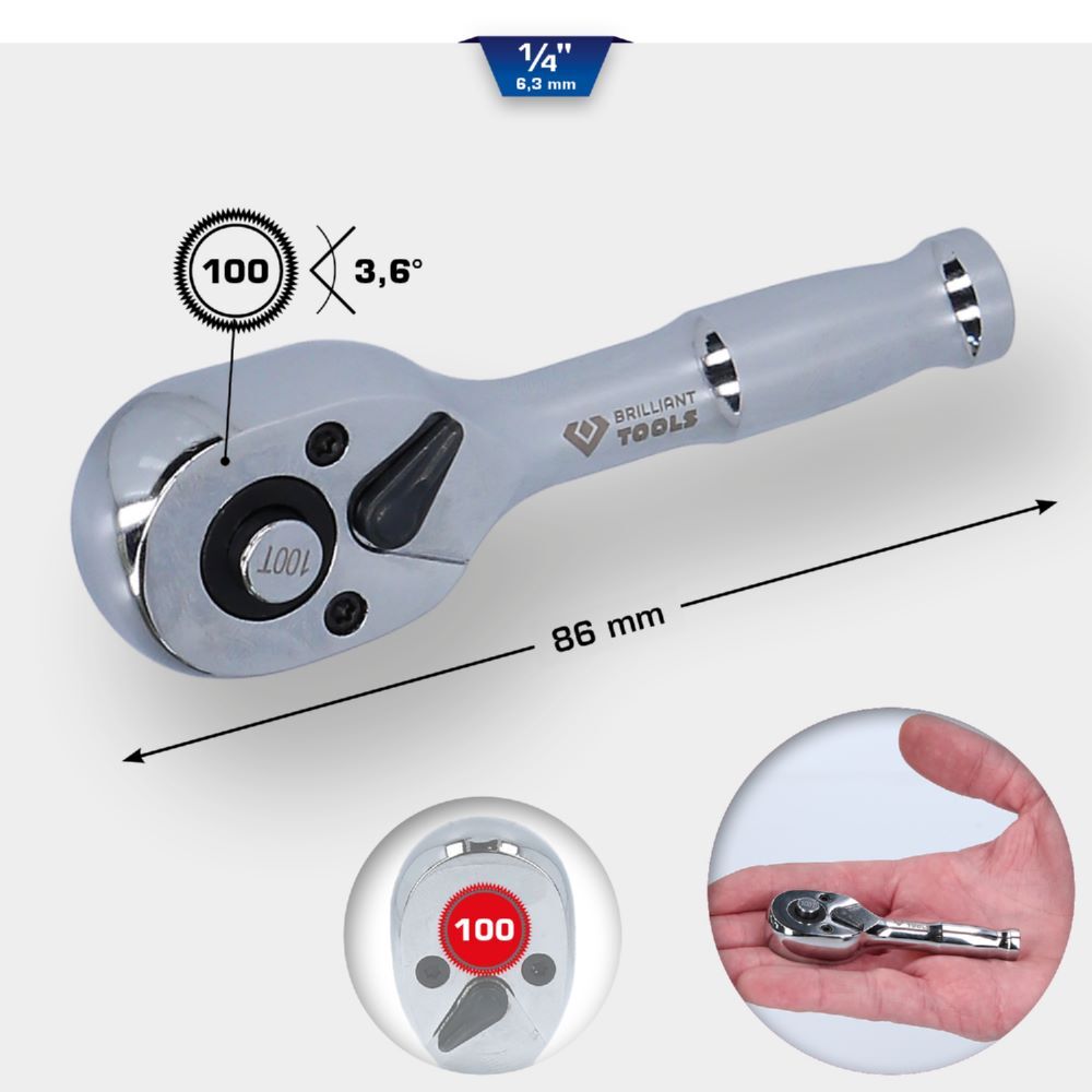 Produktbild 1/4" Mini-Umschaltknarre mit Metallgriff, 100 Zahn bild 2