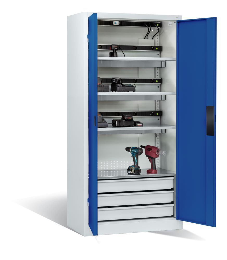 C+P Akkuladeschrank Comfort Serie 89 1950 x 930 x 500 mm lichtgrau enzianblau Produktbild C+P Akkuladeschrank Comfort Serie 89 1950 x 930 x 500 mm lichtgrau enzianblau bild 2