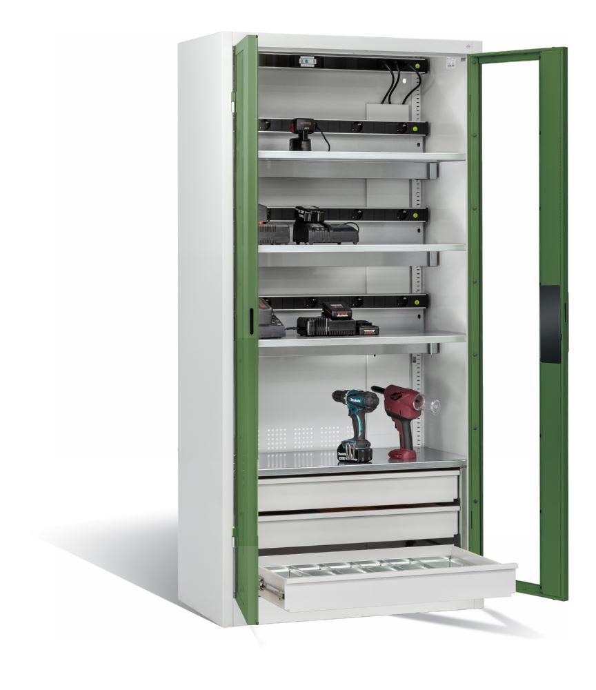 C+P Akkuladeschrank Serie 89 Comfort 1950 x 930 x 500 mm lichtgrau resedagrün Produktbild C+P Akkuladeschrank Serie 89 Comfort 1950 x 930 x 500 mm lichtgrau resedagrün bild 2