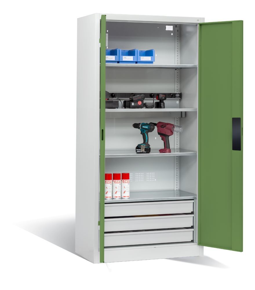 C+P Akkuladeschrank Serie 89 H 1950 x B 930 x T 500 mm lichtgrau resedagrün Produktbild C+P Akkuladeschrank Serie 89 H 1950 x B 930 x T 500 mm lichtgrau resedagrün bild 2