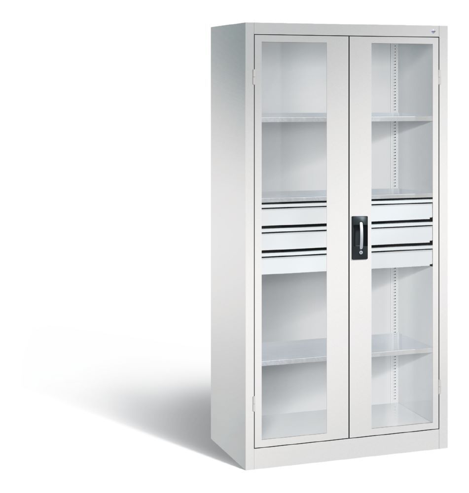 C+P Werkstattschrank mit Fenster und Schubladen 1950 x 930 x 500 mm lichtgrau Produktbild C+P Werkstattschrank mit Fenster und Schubladen 1950 x 930 x 500 mm lichtgrau