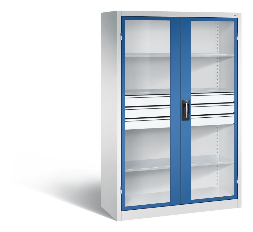 C+P Werkstattschrank mit Fenster und Schubladen H 1950 mm lichtgrau enzianblau Produktbild C+P Werkstattschrank mit Fenster und Schubladen H 1950 mm lichtgrau enzianblau