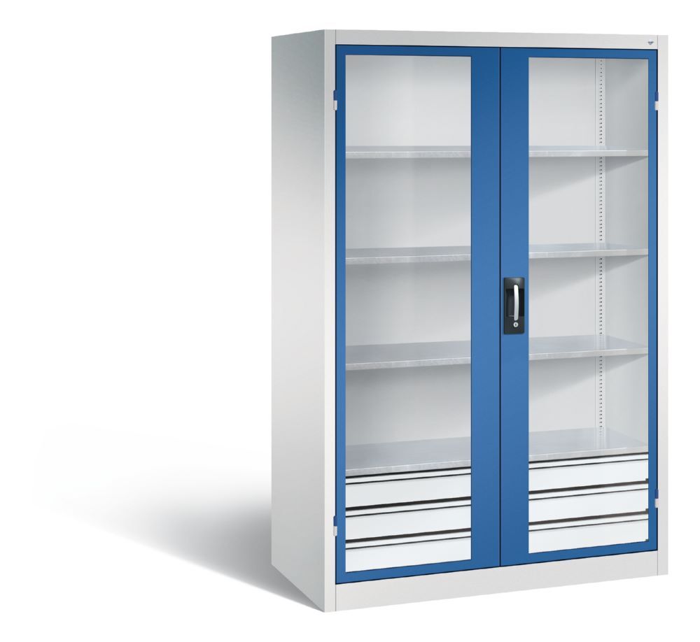 C+P Werkstattschrank mit Fenster und Schubladen H 1950 mm lichtgrau enzianblau Produktbild C+P Werkstattschrank mit Fenster und Schubladen H 1950 mm lichtgrau enzianblau