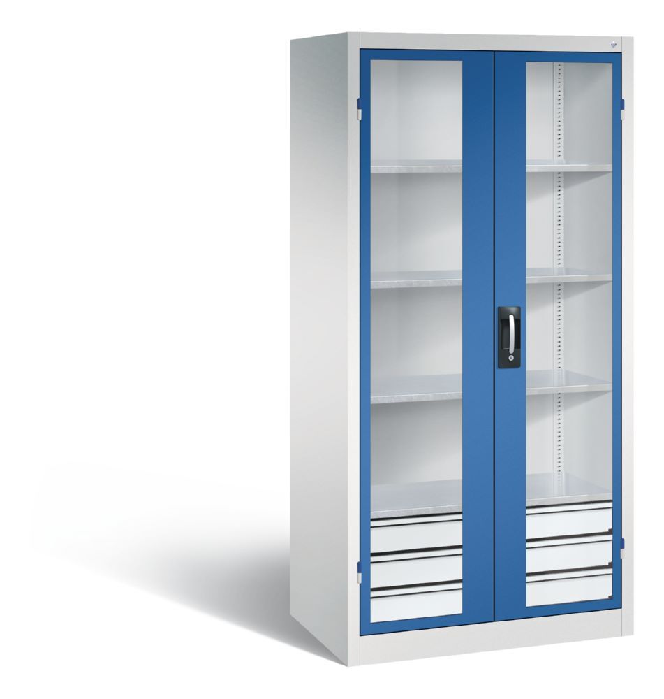 C+P Werkstattschrank mit Fenster und Schubladen H 1950 mm lichtgrau enzianblau Produktbild C+P Werkstattschrank mit Fenster und Schubladen H 1950 mm lichtgrau enzianblau
