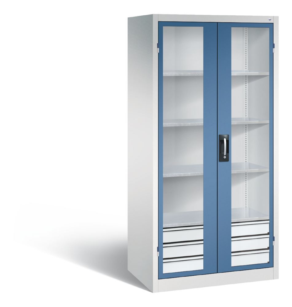 C+P Werkstattschrank mit Fenster und Schubladen H 1950 mm lichtgrau fernblau Produktbild C+P Werkstattschrank mit Fenster und Schubladen H 1950 mm lichtgrau fernblau