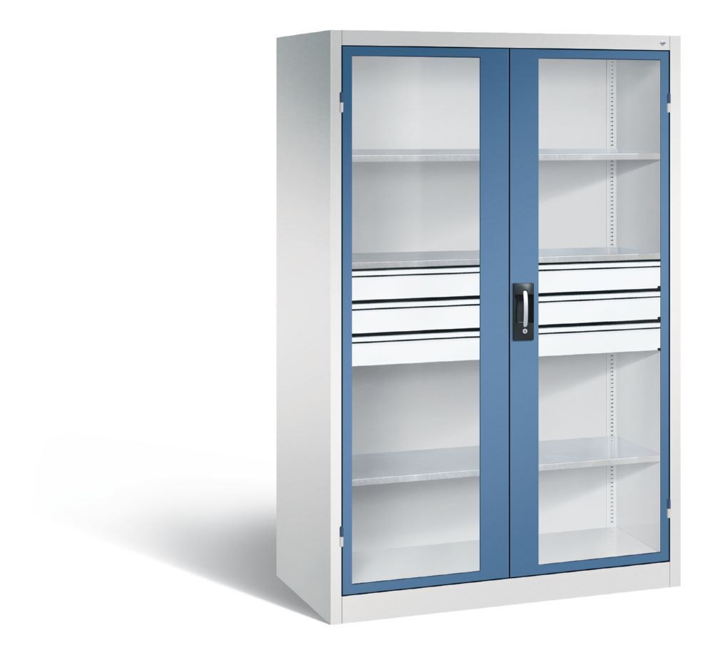 C+P Werkstattschrank mit Fenster und Schubladen H 1950 mm lichtgrau fernblau Produktbild C+P Werkstattschrank mit Fenster und Schubladen H 1950 mm lichtgrau fernblau