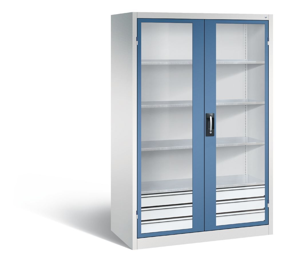 C+P Werkstattschrank mit Fenster und Schubladen H 195 mm lichtgrau fernblau Produktbild C+P Werkstattschrank mit Fenster und Schubladen H 195 mm lichtgrau fernblau