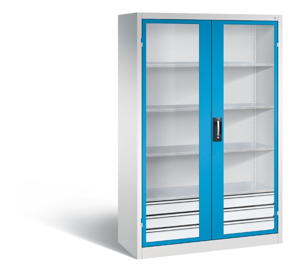 C+P Werkstattschrank mit Fenster und Schubladen H 1950 mm lichtgrau lichtblau Produktbild C+P Werkstattschrank mit Fenster und Schubladen H 1950 mm lichtgrau lichtblau