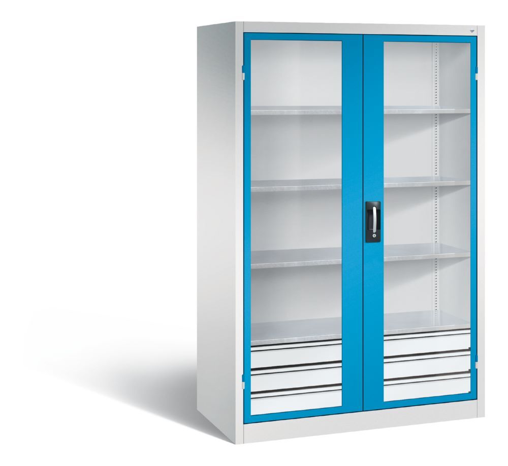 C+P Werkstattschrank mit Fenster und Schubladen H 1950 mm lichtgrau lichtblau Produktbild C+P Werkstattschrank mit Fenster und Schubladen H 1950 mm lichtgrau lichtblau