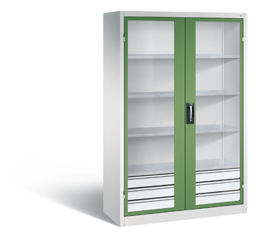 C+P Werkstattschrank mit Fenster und Schubladen H 1950 mm lichtgrau resedagrün Produktbild C+P Werkstattschrank mit Fenster und Schubladen H 1950 mm lichtgrau resedagrün