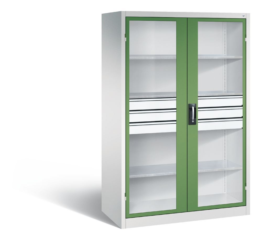 C+P Werkstattschrank mit Fenster und Schubladen H 1950 mm lichtgrau resedagrün Produktbild C+P Werkstattschrank mit Fenster und Schubladen H 1950 mm lichtgrau resedagrün