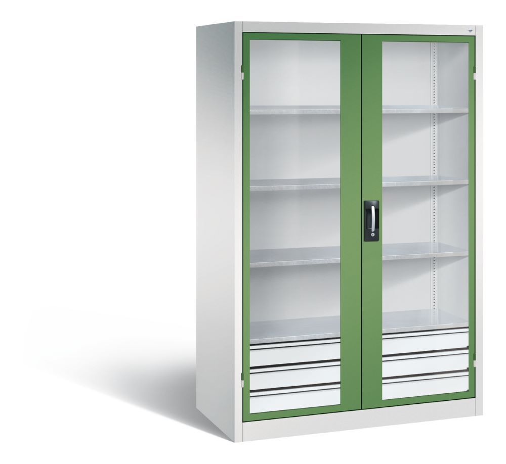 C+P Werkstattschrank mit Fenster und Schubladen H 1950 mm lichtgrau resedagrün Produktbild C+P Werkstattschrank mit Fenster und Schubladen H 1950 mm lichtgrau resedagrün