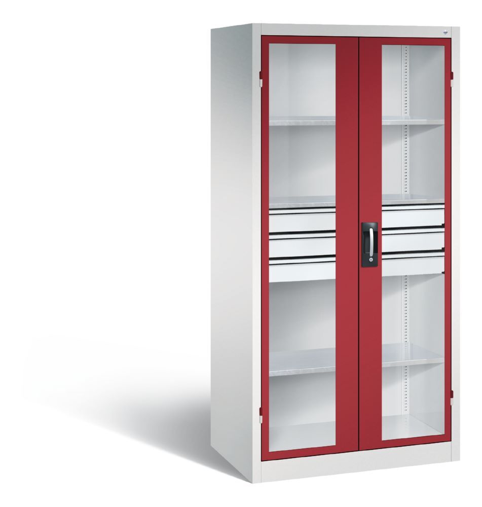 C+P Werkstattschrank mit Fenster und Schubladen H 1950 mm lichtgrau rubinrot Produktbild C+P Werkstattschrank mit Fenster und Schubladen H 1950 mm lichtgrau rubinrot
