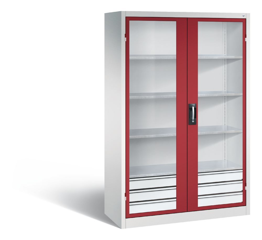 C+P Werkstattschrank mit Fenster und Schubladen 1950 mm lichtgrau rubinrot Produktbild C+P Werkstattschrank mit Fenster und Schubladen 1950 mm lichtgrau rubinrot