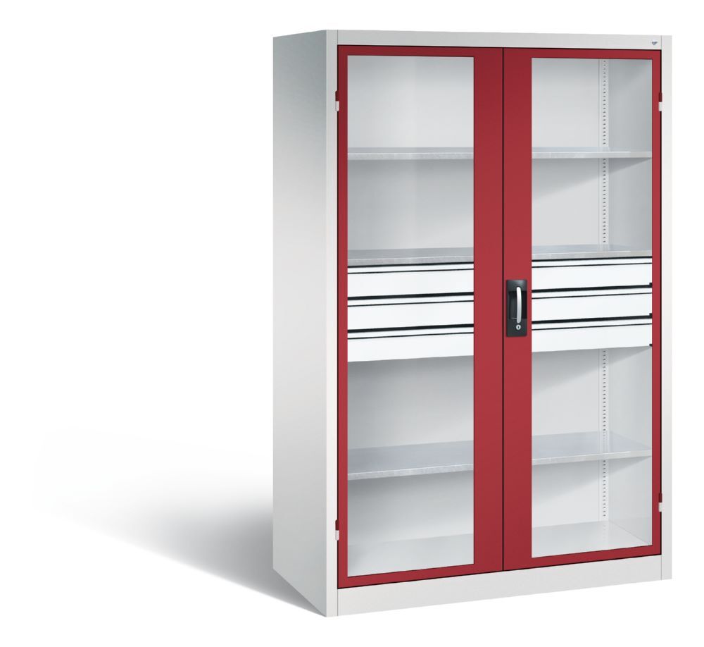 C+P Werkstattschrank mit Fenster und Schubladen H 1950 mm lichtgrau rubinrot Produktbild C+P Werkstattschrank mit Fenster und Schubladen H 1950 mm lichtgrau rubinrot