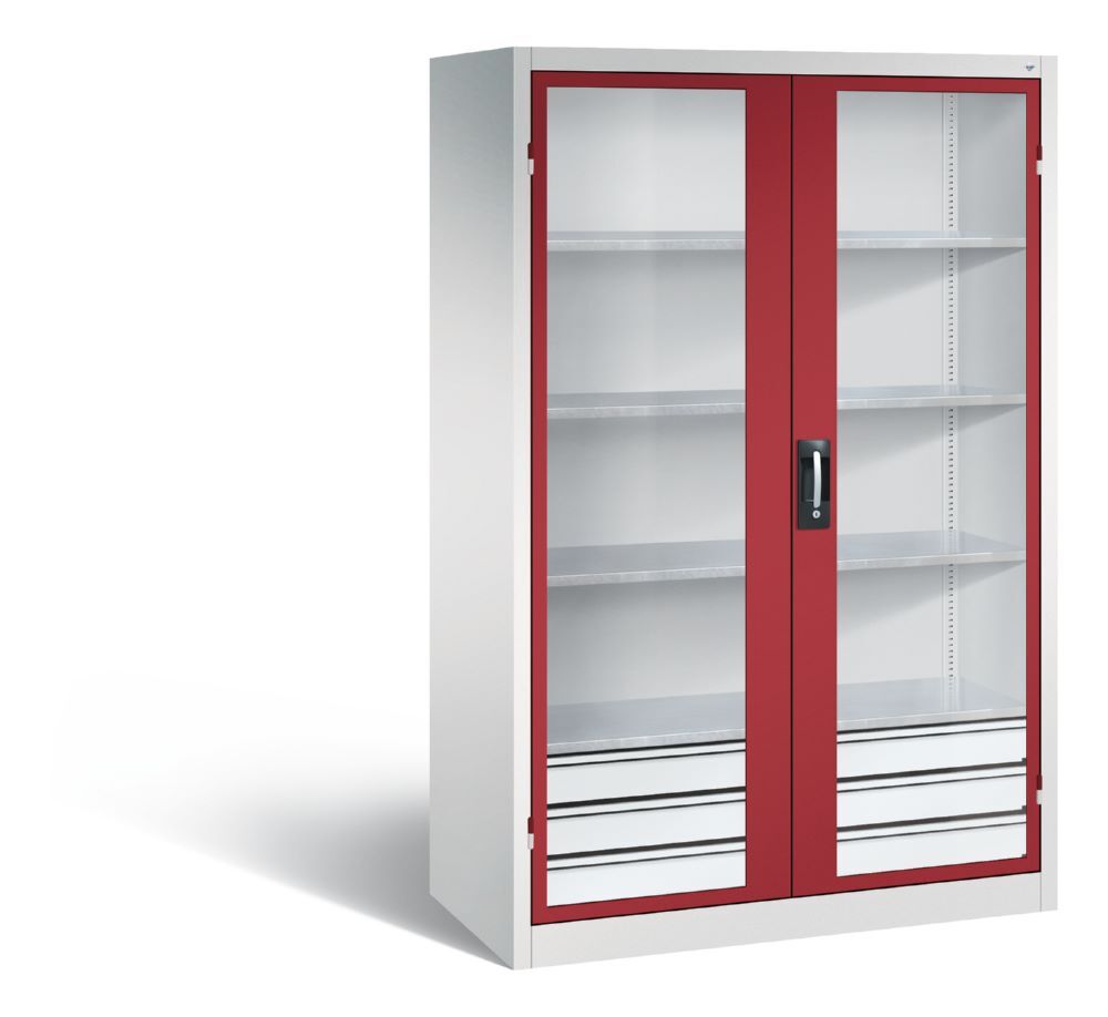 C+P Werkstattschrank mit Fenster und Schubladen H 1950 mm lichtgrau rubinrot Produktbild C+P Werkstattschrank mit Fenster und Schubladen H 1950 mm lichtgrau rubinrot