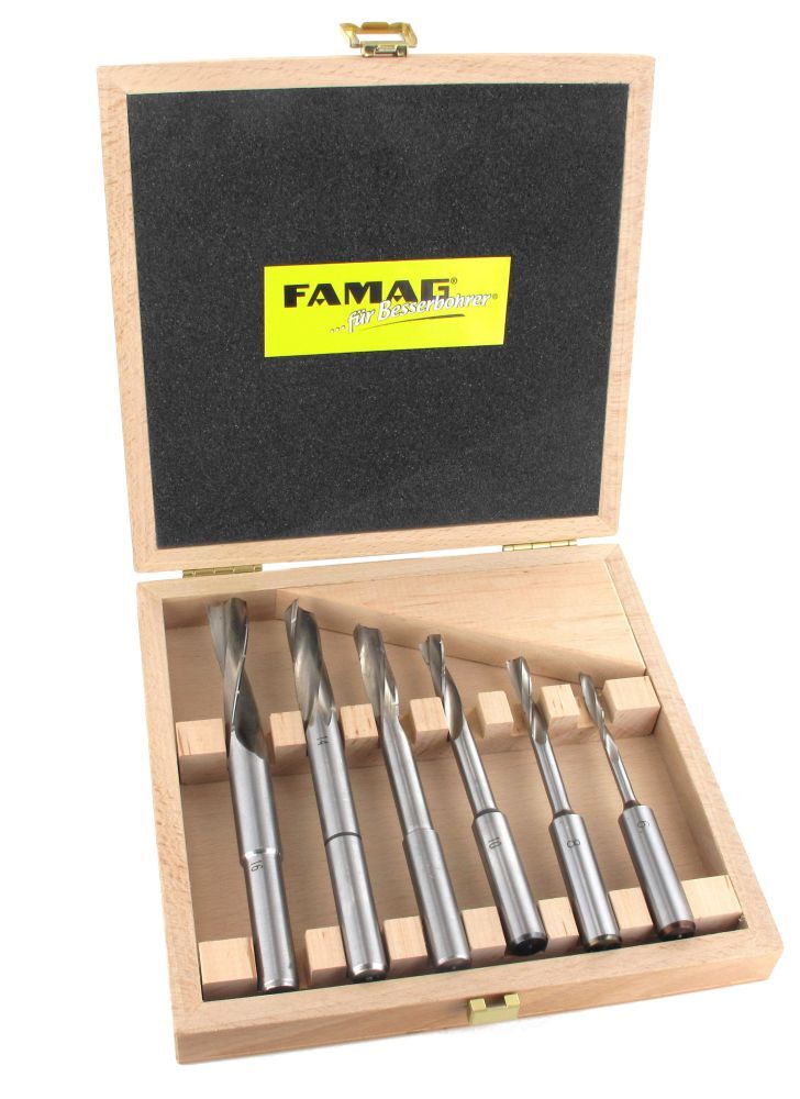 Famag Langlochfräsbohrer mit Spiralnut 6 teiliger Satz mit Holzkasten rechtaschneidend Famag Langlochfräsbohrer mit Spiralnut 6 teiliger Satz mit Holzkasten rechtaschneidend