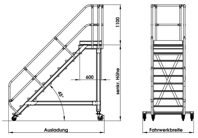 Günzburger Aluminium Plattformtreppe fahrbar 45 Grad 6 Stufen 800 mm breit