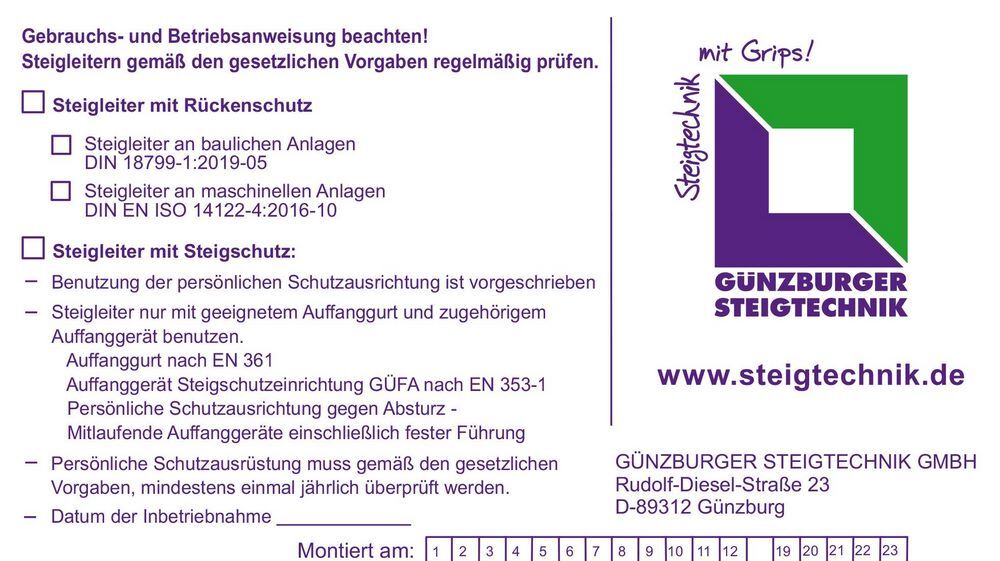 Günzburger Kennzeichnungsschild für Steigschutzeinrichtung für Steigschutz Produktbild Günzburger Kennzeichnungsschild für Steigschutzeinrichtung für Steigschutz