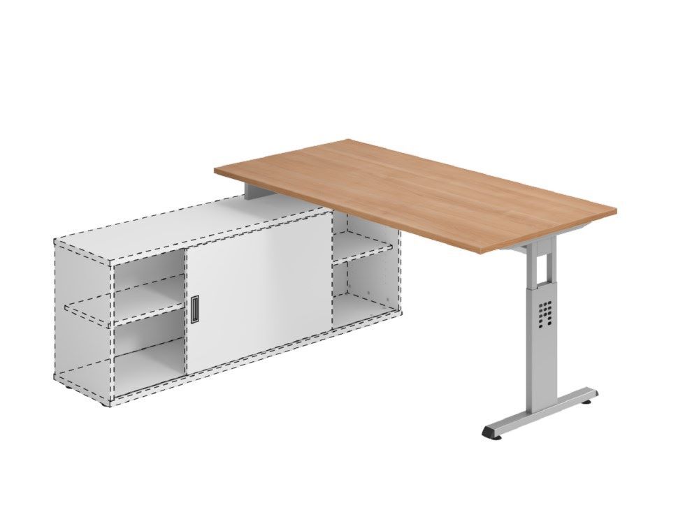 Hammerbacher Anbauschreibtisch T-Fuß 160 x 80 cm Nussbaum / Silber Produktbild Hammerbacher Anbauschreibtisch T-Fuß 160 x 80 cm Nussbaum / Silber