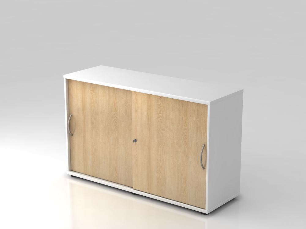 Hammerbacher Schiebetürschrank in Weiß und Eiche 2OH 120 x 74,8 cm BM Produktbild Hammerbacher Schiebetürschrank in Weiß und Eiche 2OH 120 x 74,8 cm BM