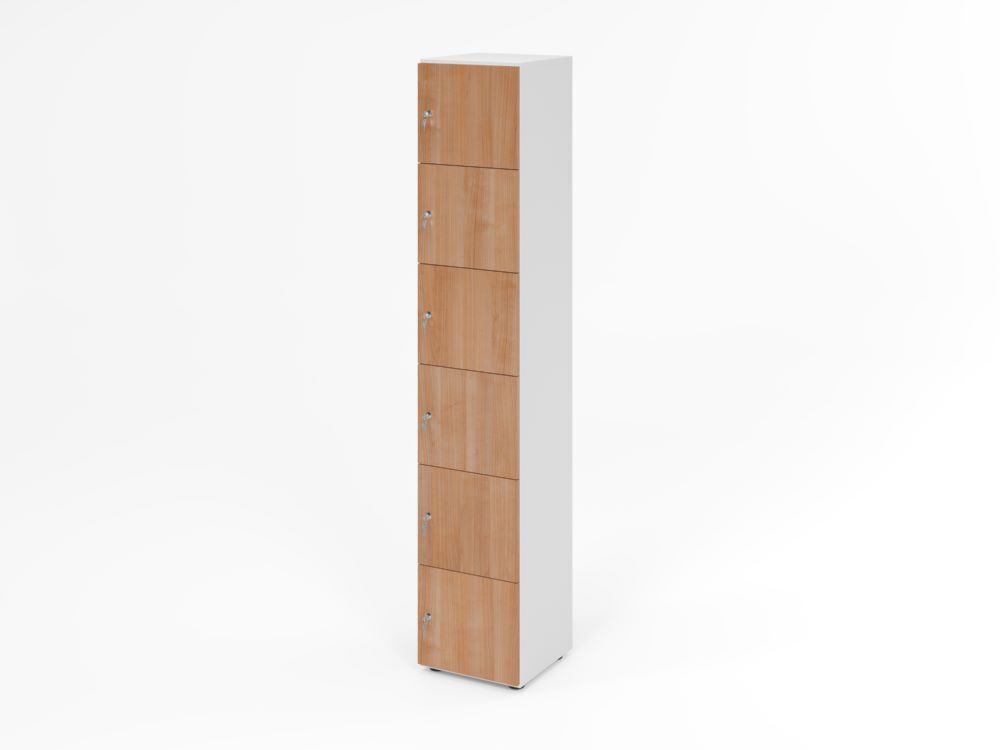 Produktbild Hammerbacher Schliessfachschrank 6OH Weiss/Nussbaum mit 6 x Drehschloss